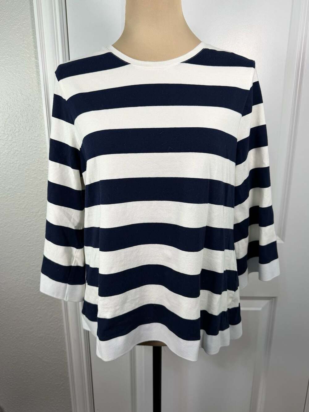 Chico's Women's Navy and White Striped 3/4 Bell Sleeve Top